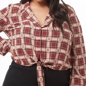 NWT F21 Plaid Chiffon Cropped Front Tie Shirt - Brown & Cream - Size 3X